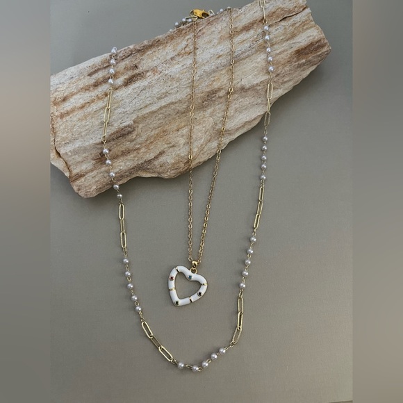 Gold & White Heart Trendy Necklace Set - Boho Layered Necklace Set - Picture 14 of 16
